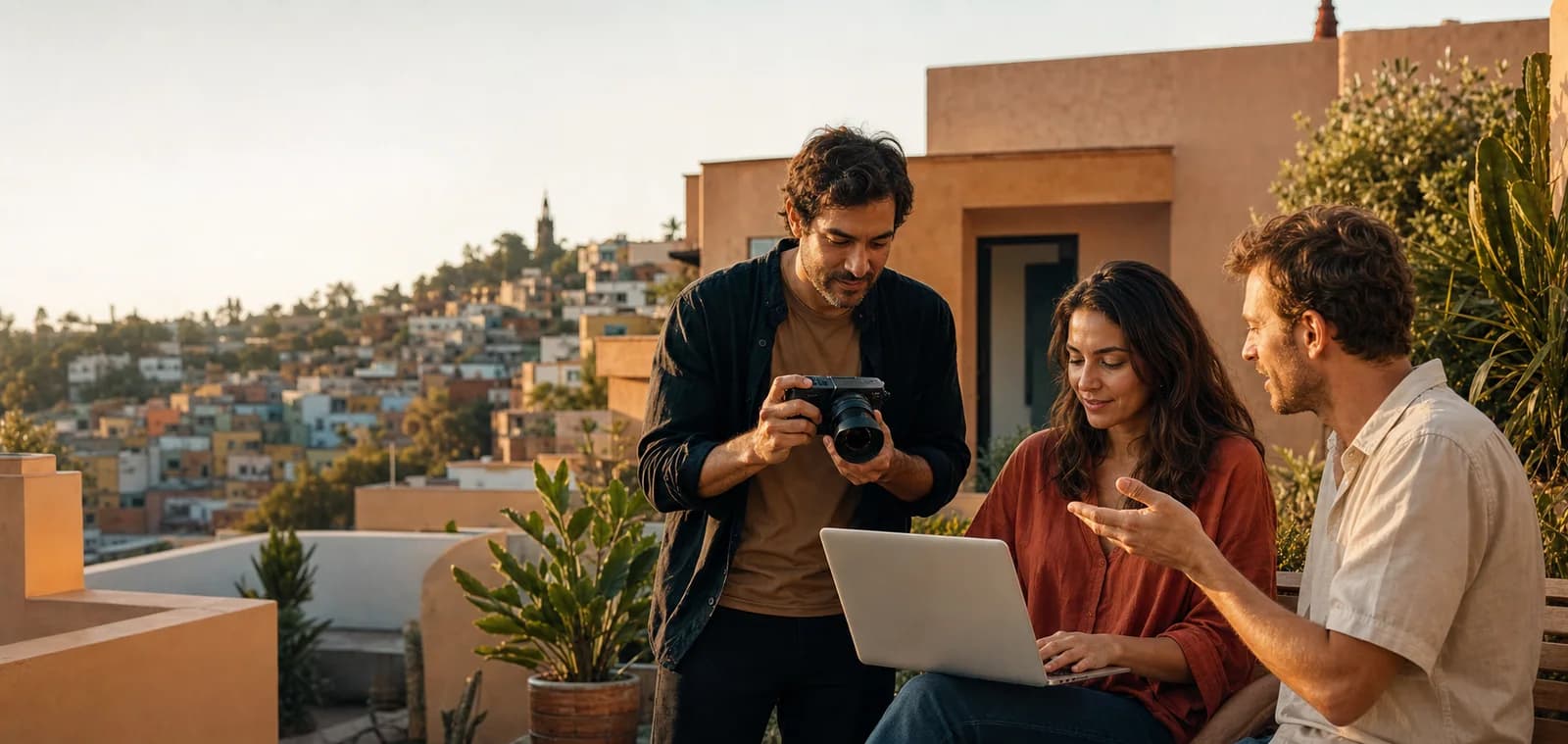 Content creators collaborating on a rooftop in Latin America