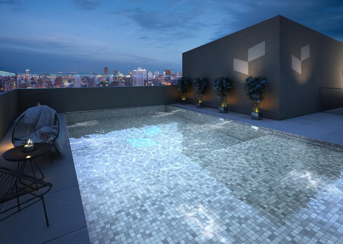 Two-room apartment with an en suite bedroom, a full-length balcony, and a half-bath