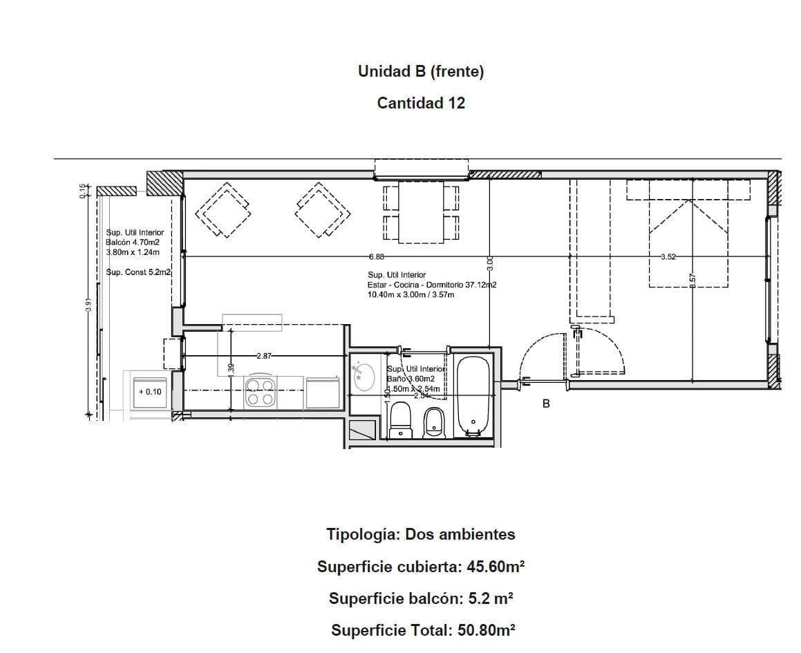 2-ROOM APARTMENT FOR SALE WITH BALCONY, 12TH FLOOR ON JB JUSTO Y VERA, SUITABLE FOR PROFESSIONALS