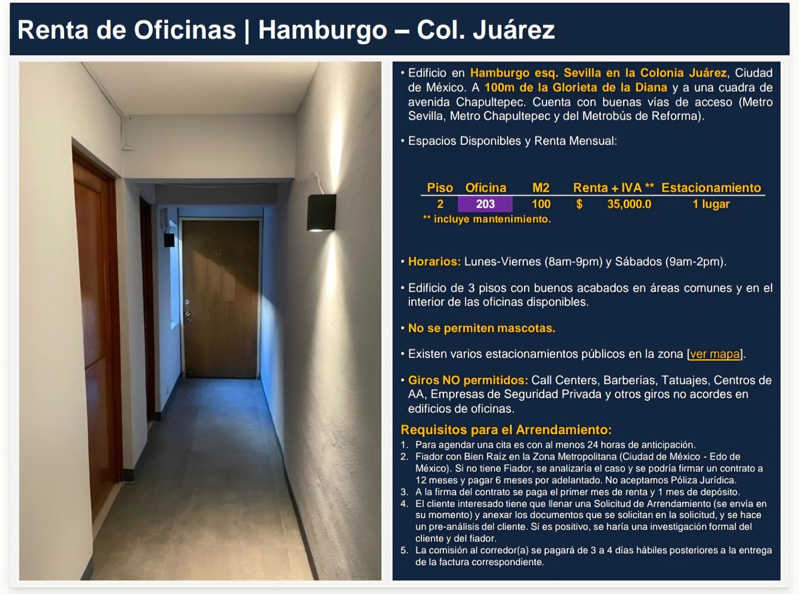 OFFICE FOR RENT: $35,000 AT HAMBURGO 254, COL. JUÁREZ, AT THE CORNER OF SEVILLA. 100 M2.
