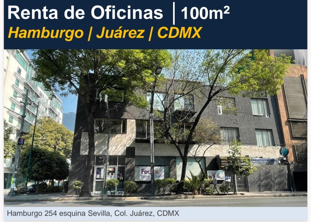 OFFICE FOR RENT: $35,000 AT HAMBURGO 254, COL. JUÁREZ, AT THE CORNER OF SEVILLA. 100 M2.