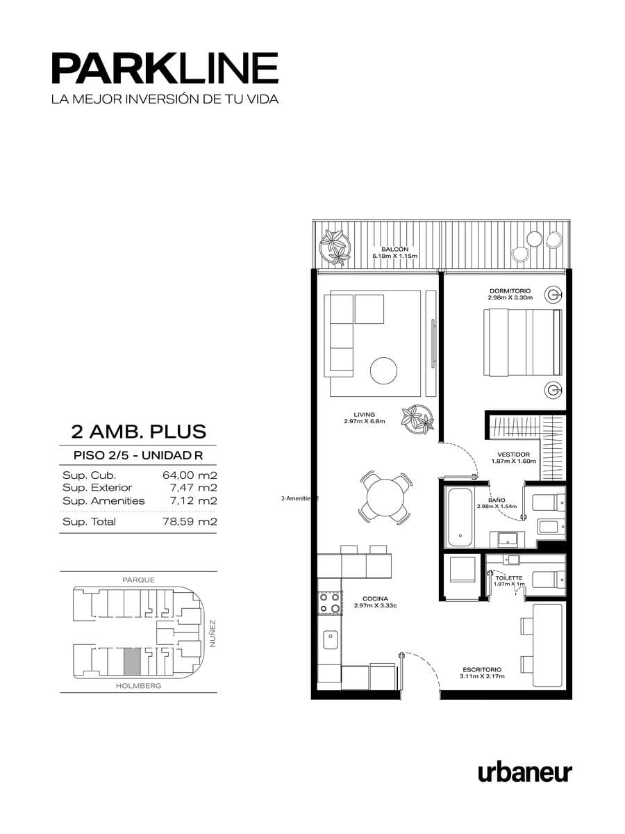 Venta de Departamento en pozo 2 Ambientes plus en PARKLINE – Saavedra