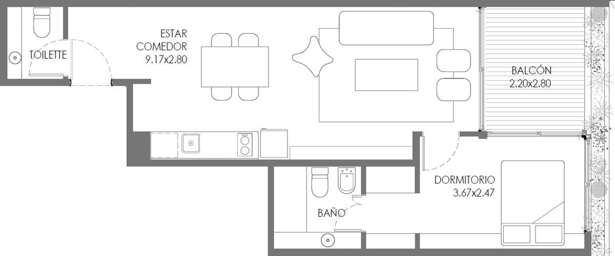 Two-room apartment with a balcony/terrace and a half-bath