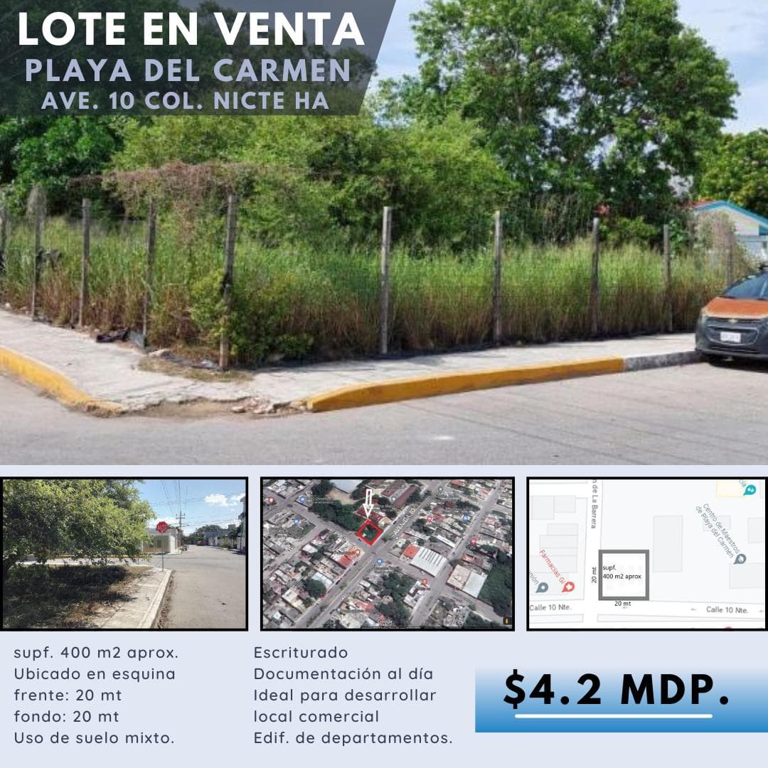 Land for sale on Avenida 10, on the corner in Playa del Carmen