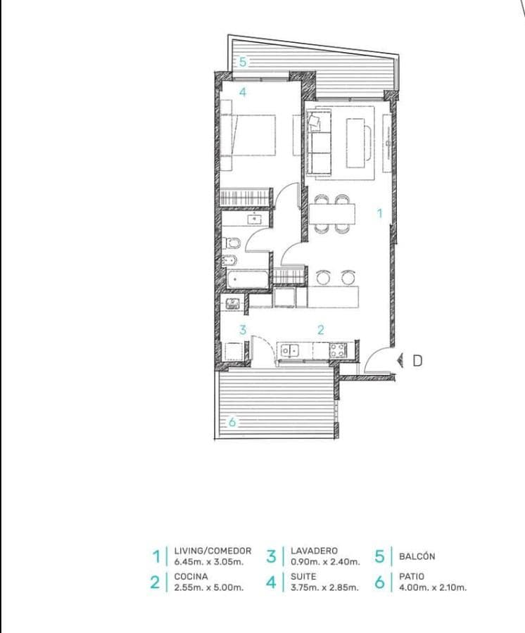 2-room apartment for sale, facing the back of the building, with a balcony and patio in Caballito