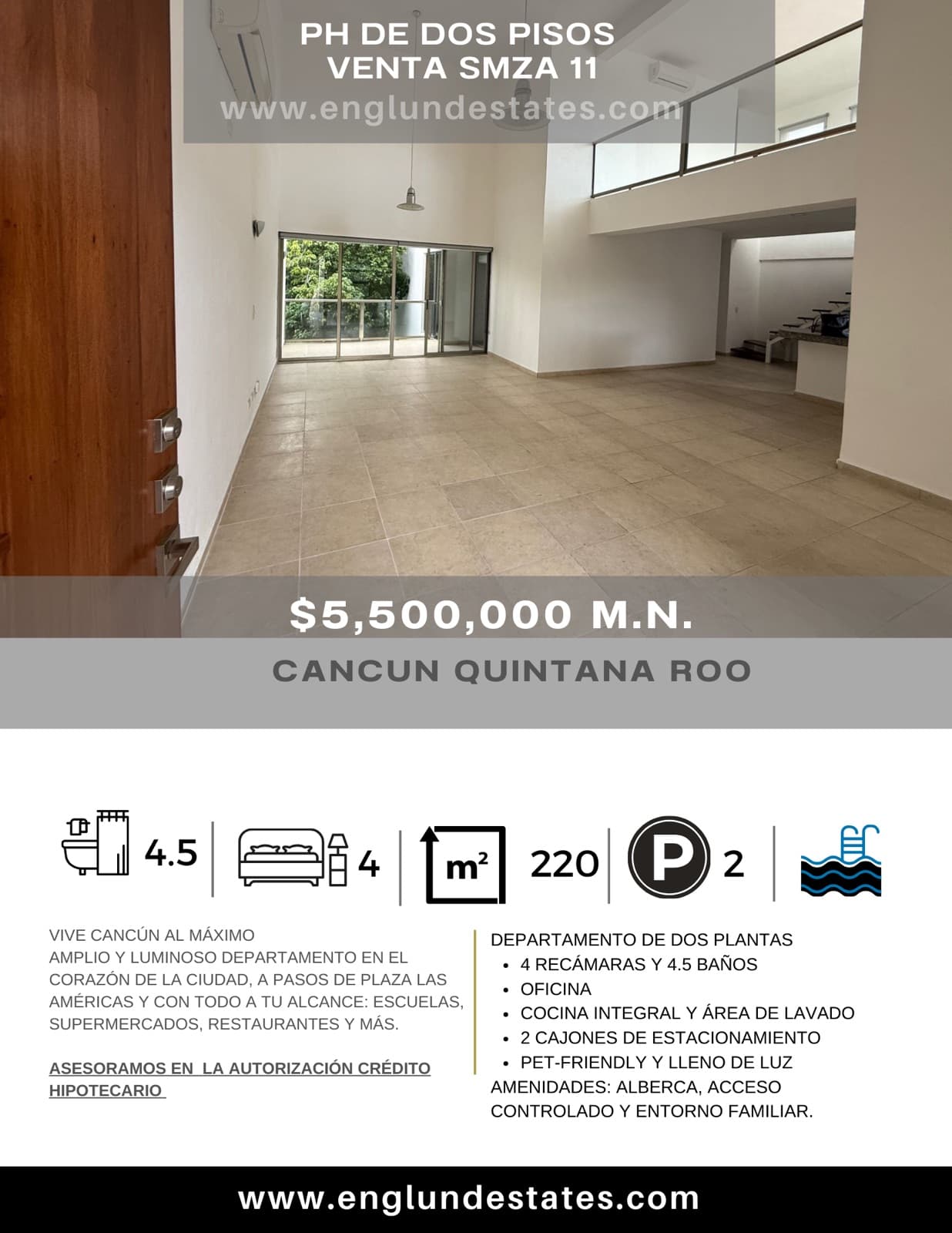 Two-story penthouse with 4 bedrooms, plus a studio and 4.5 bathrooms, near Plaza Las Américas
