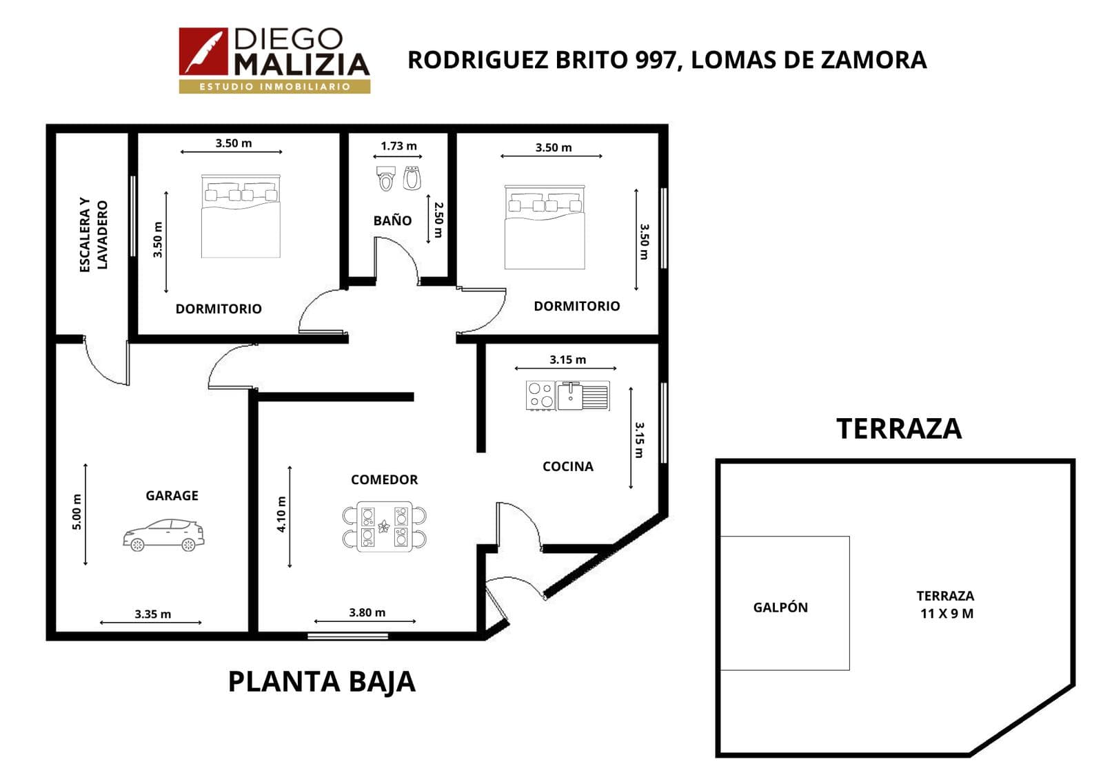 3-room detached townhouse for sale with a garage and private terrace in Banfield
