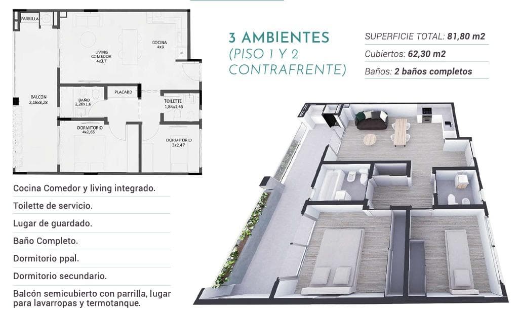 Brand-new 3-room apartment for sale, facing the rear of the building - 1st Floor - Monte Castro