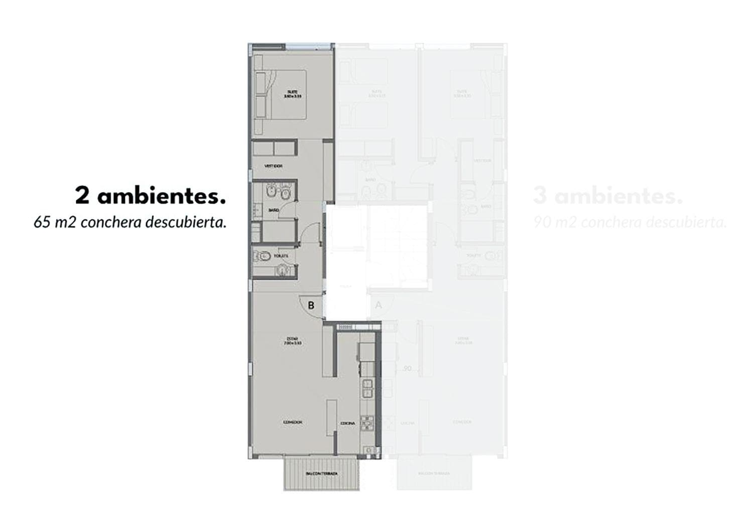 Two-bedroom apartment on the second floor facing the street, with a balcony. Open-air parking space and storage room on Chauvin Street.