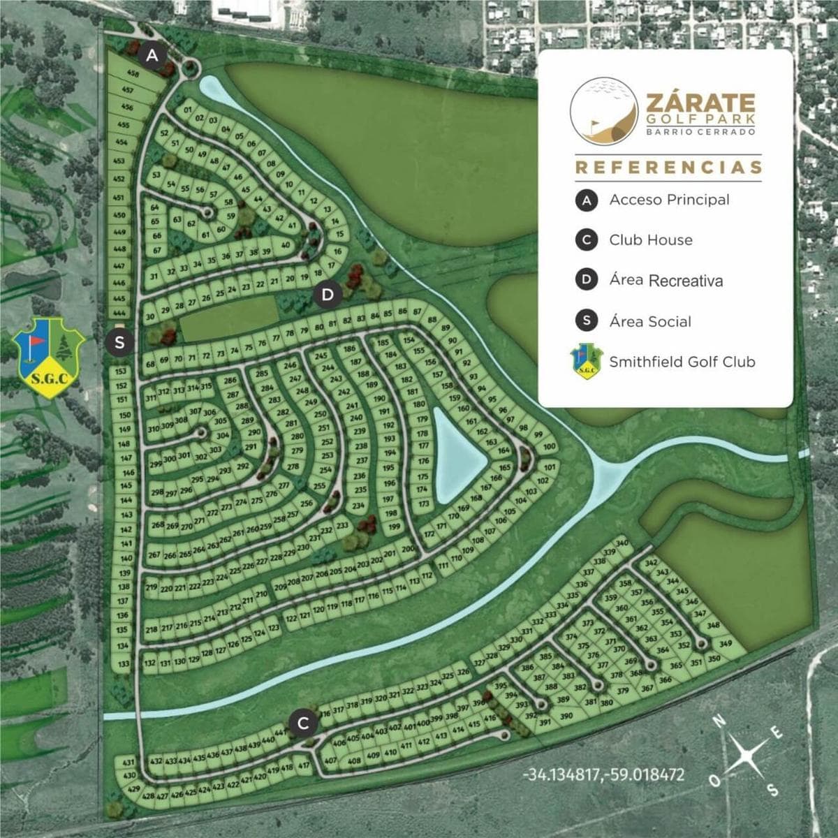 Lot No. 208 for sale in the Zárate Golf Park Gated Community. Total area: 650 m2. Amenities