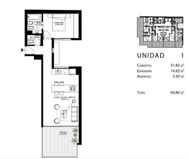 2-room apartment for sale with a terrace-style balcony in Las Cañitas