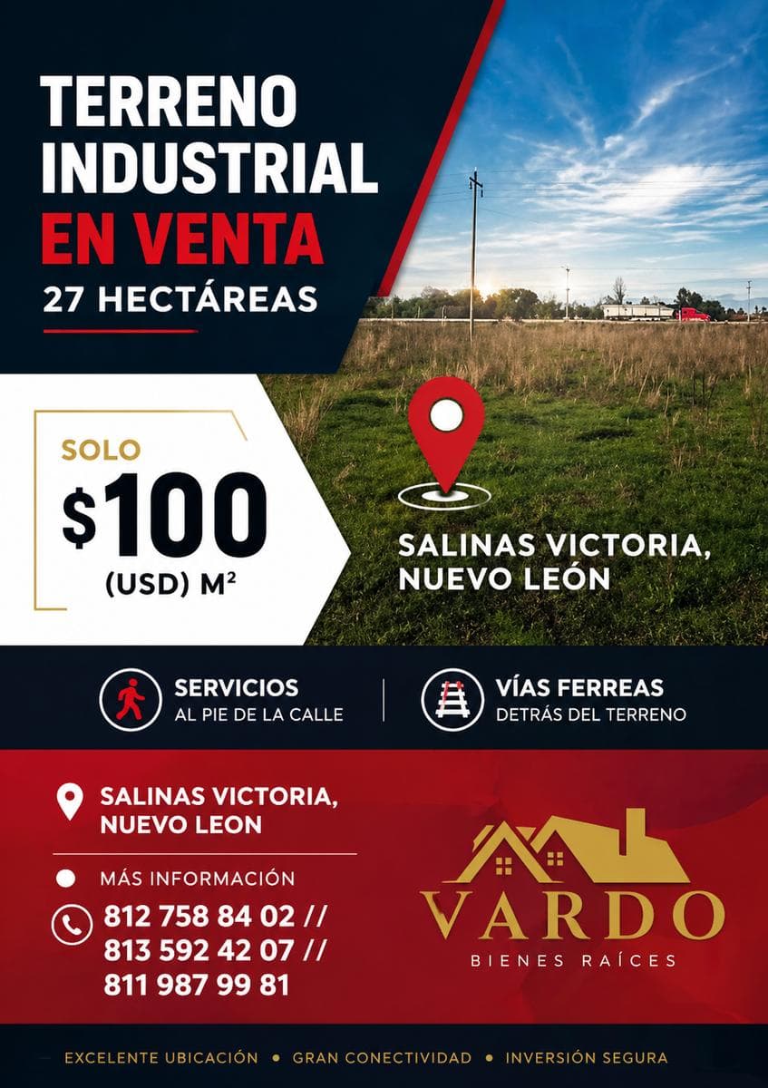 27-hectare Industrial Lot with Railroad Tracks in Salinas Victoria, N.L.