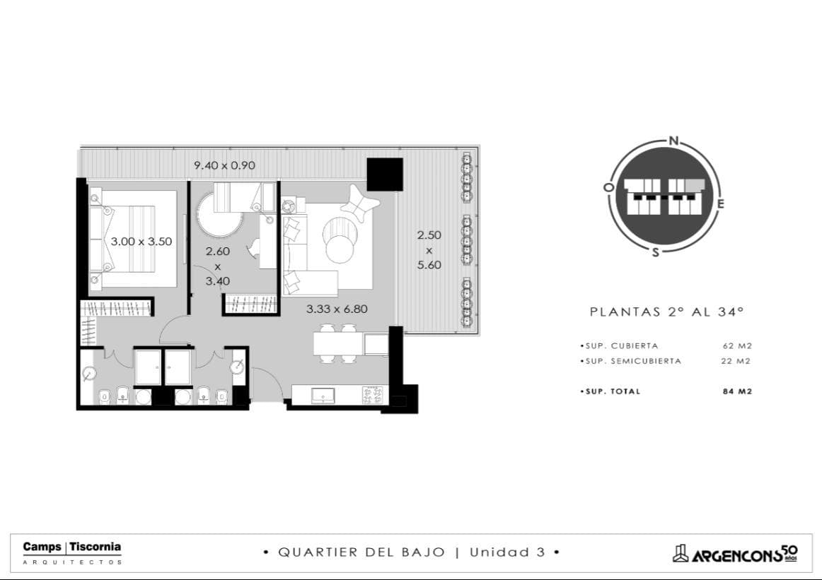 3-Room Apartment for Rent in Puerto Madero, Fully Furnished with Parking Space in the Quartier del Bajo Neighborhood