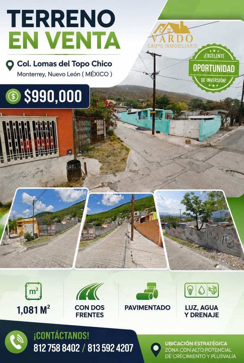 Lot with two street fronts FOR SALE. Lomas de Topo Chico. Monterrey, N.L.