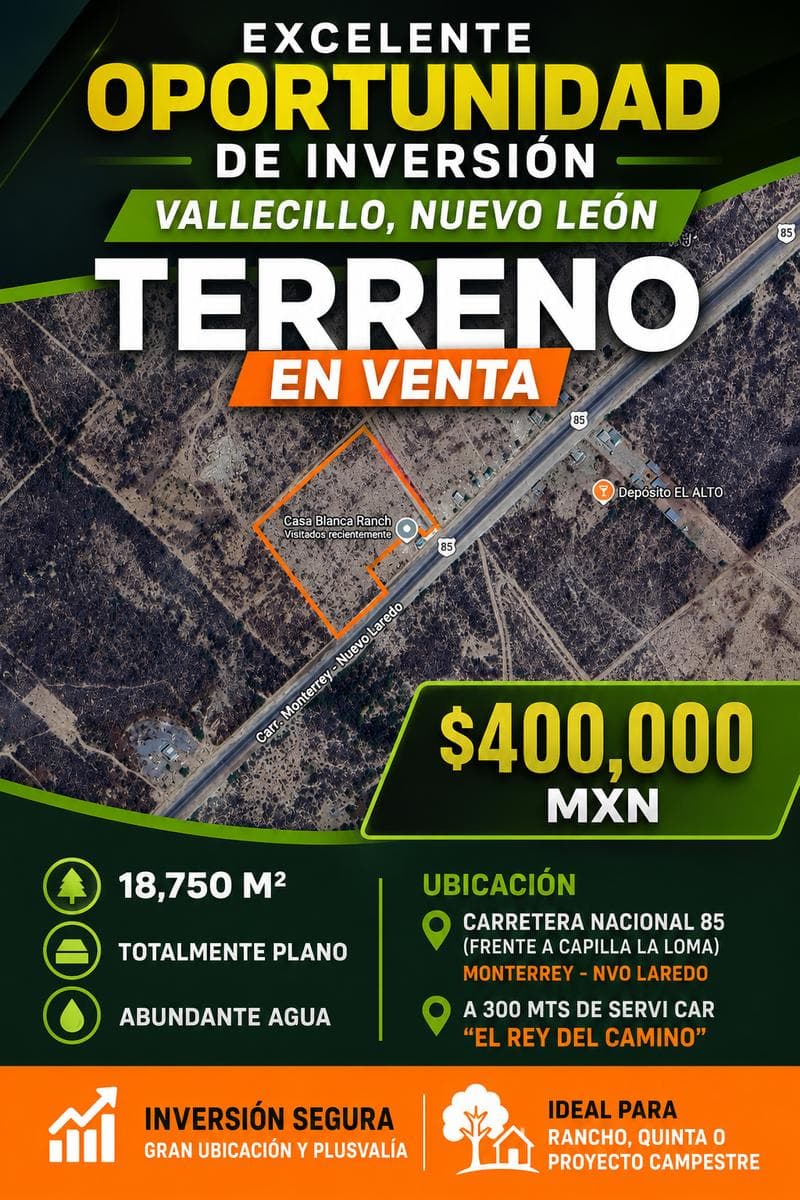 Roadside Lot for Sale. Vallecillo, Nuevo León