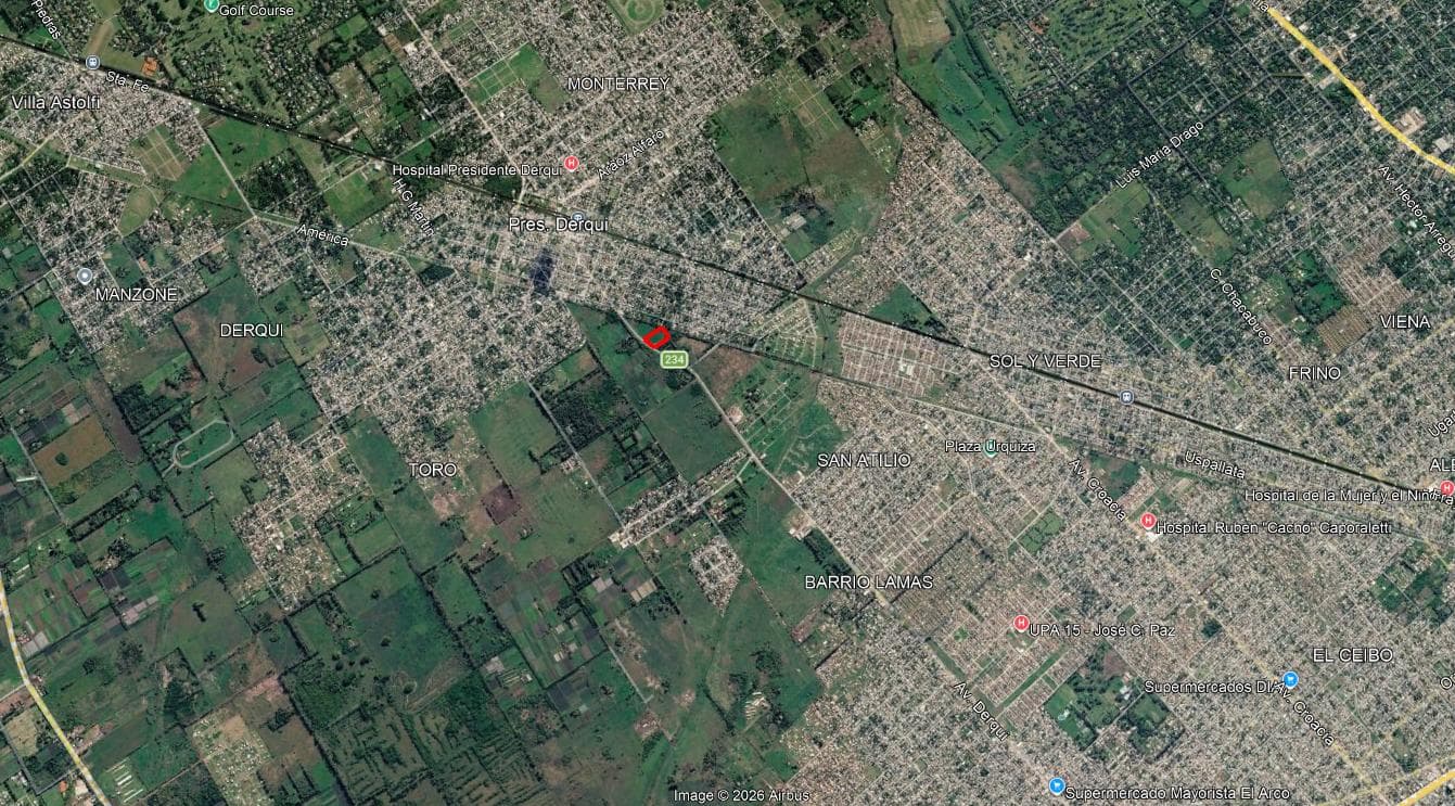 A large plot of land measuring 12,380 m² on Route 234 in Presidente Derqui