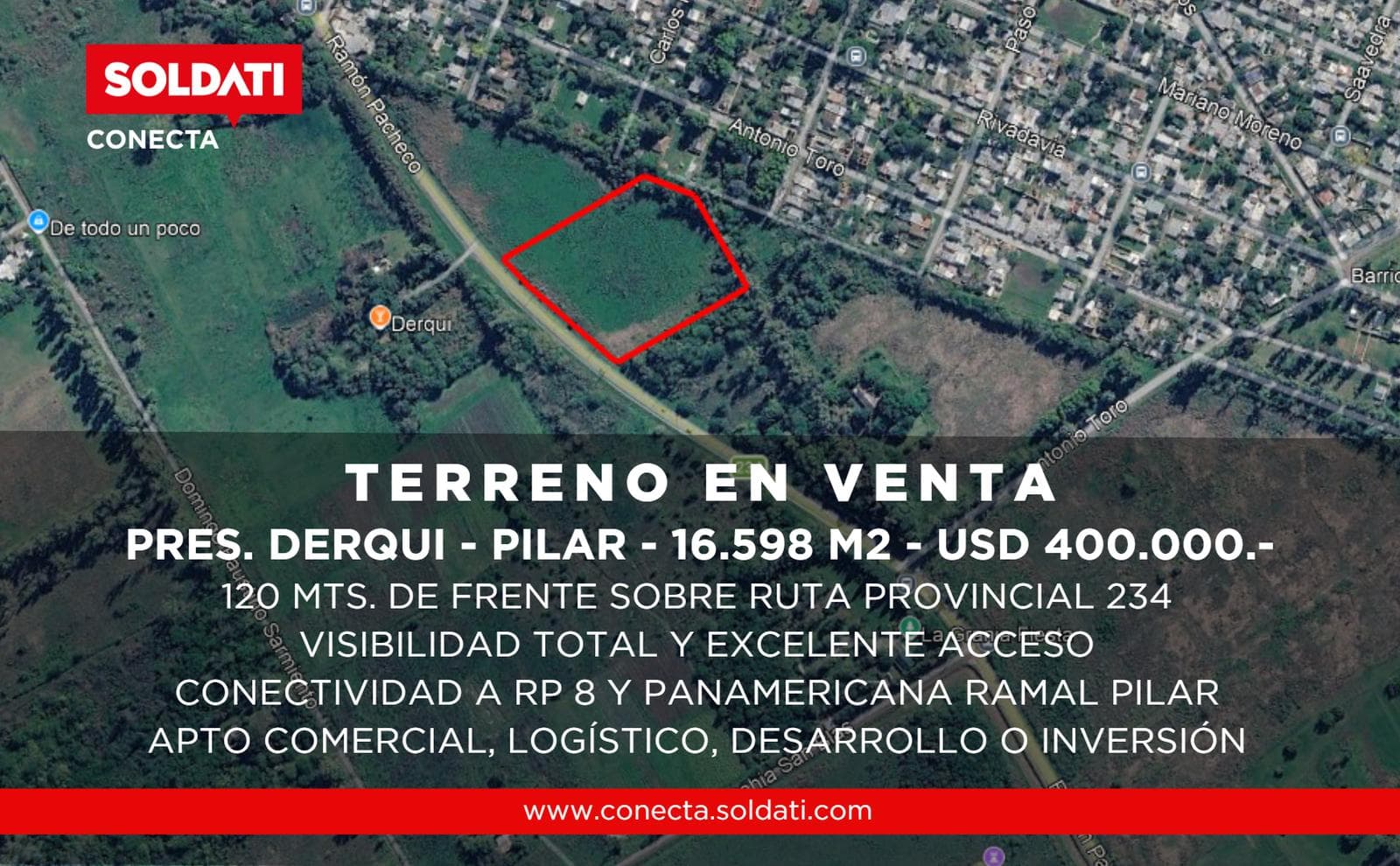 A large plot of land measuring 16,598 m² on Route 234 in Presidente Derqui
