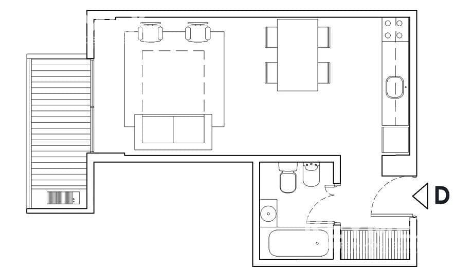 Studio apartment with a balcony facing the back of the building, fully equipped kitchen, and amenities. Located in Flores, CABA.