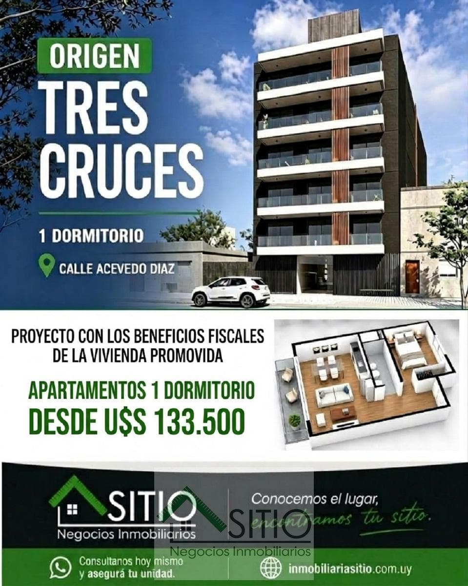 Venta de apartamento de 1 dormitorio a pasos de Tres Cruces