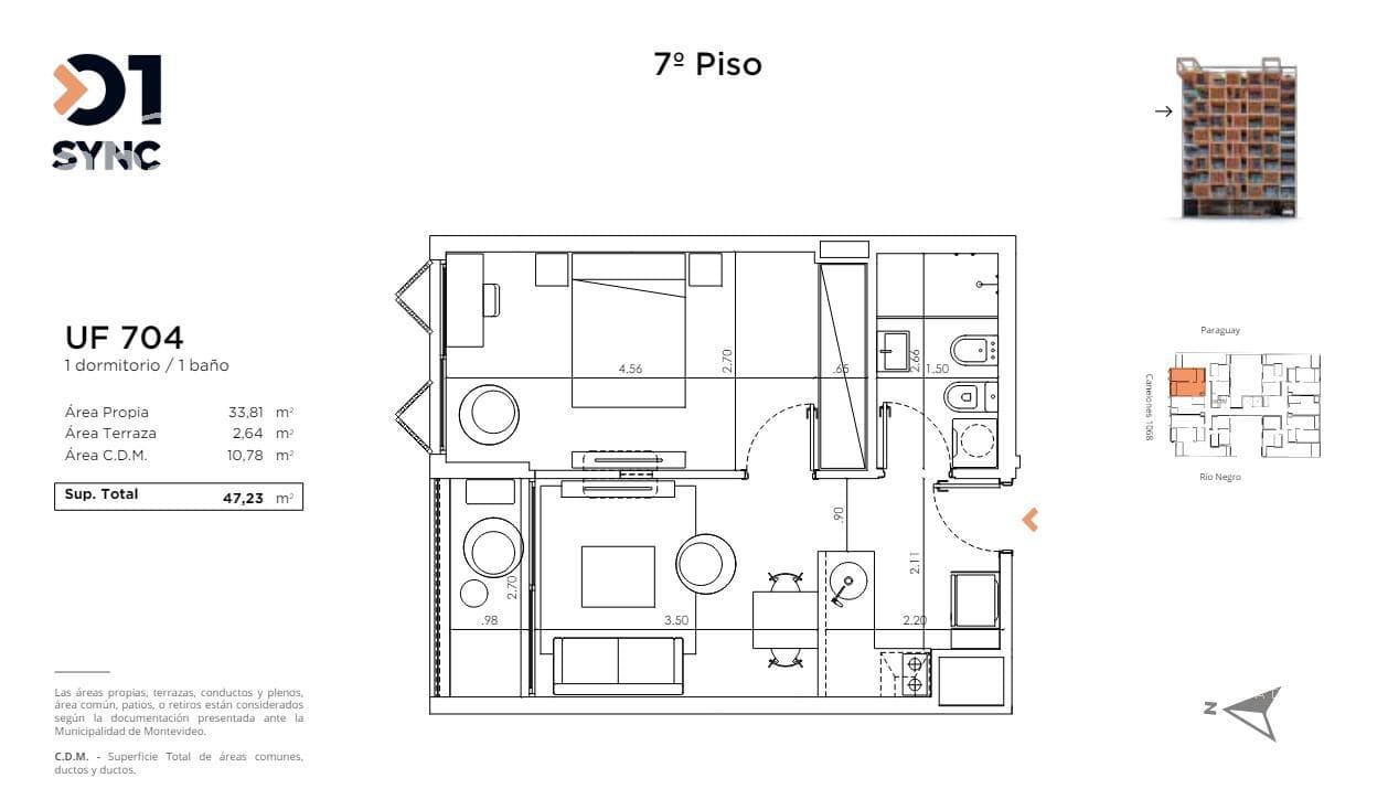 1-Bedroom Apartment for Rent in Downtown (Montevideo), Facing the Street, Sunny