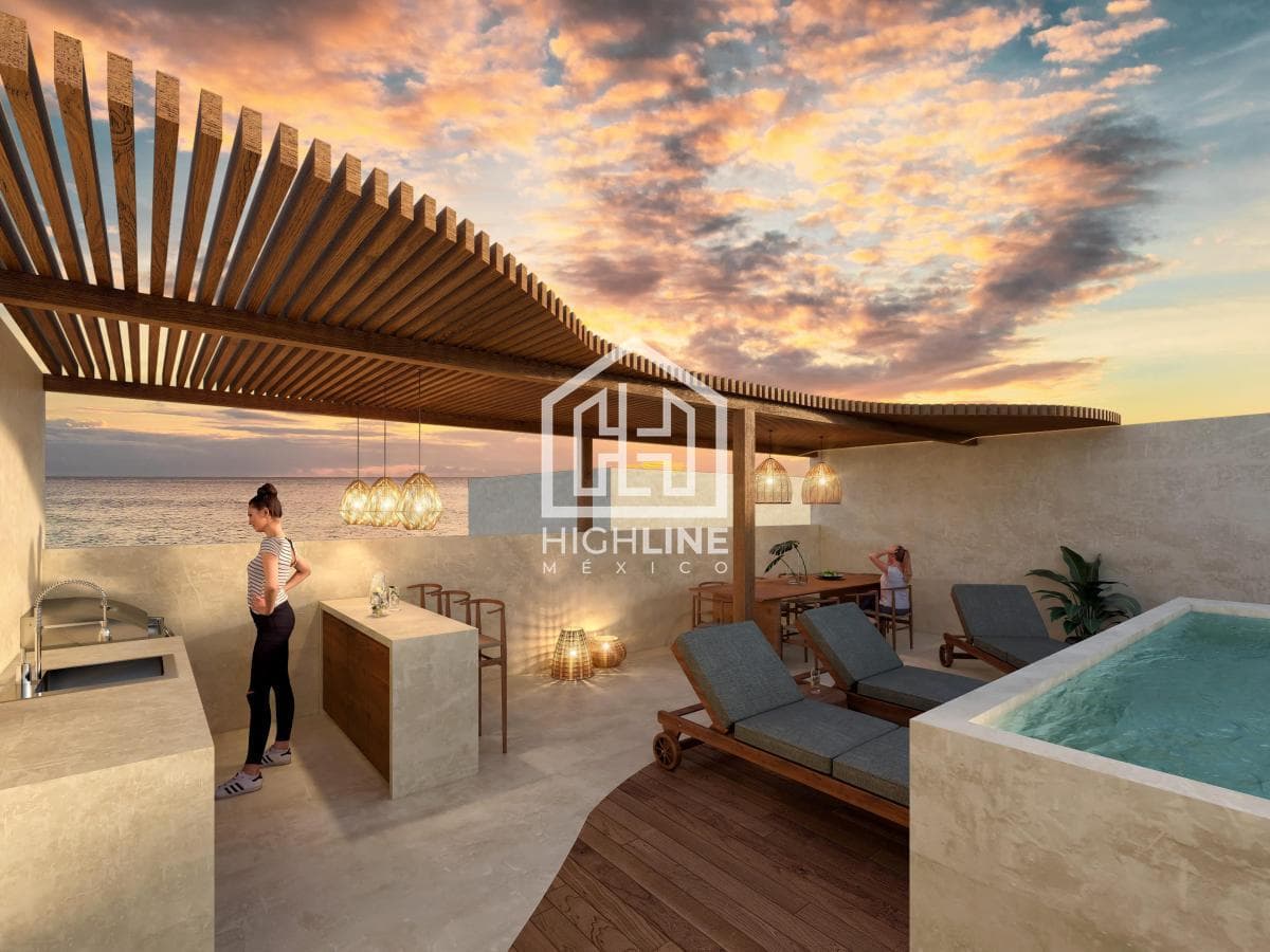 Estudio en venta frente al mar en Mahahual | Amueblado con jacuzzi, alberca y gym