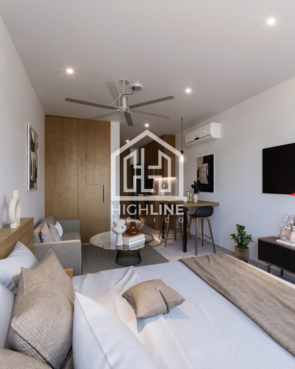 SUITE-STYLE APARTMENT FOR SALE IN DOWNTOWN PLAYA DEL CARMEN, WITH A POOL, MOVIE THEATER, AND ROOFTOP.
