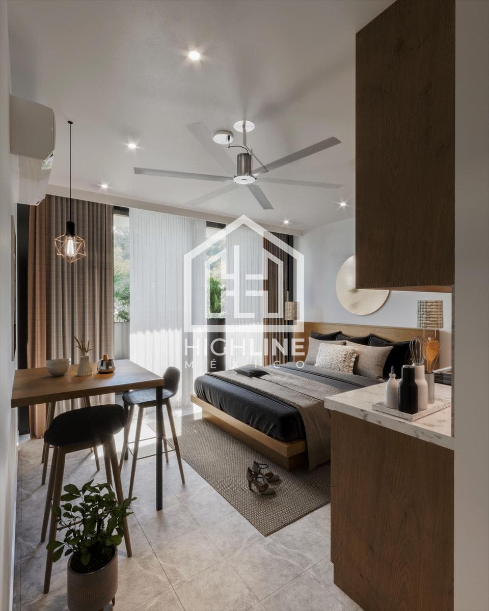 SUITE-STYLE APARTMENT FOR SALE IN DOWNTOWN PLAYA DEL CARMEN, WITH A POOL, MOVIE THEATER, AND ROOFTOP.