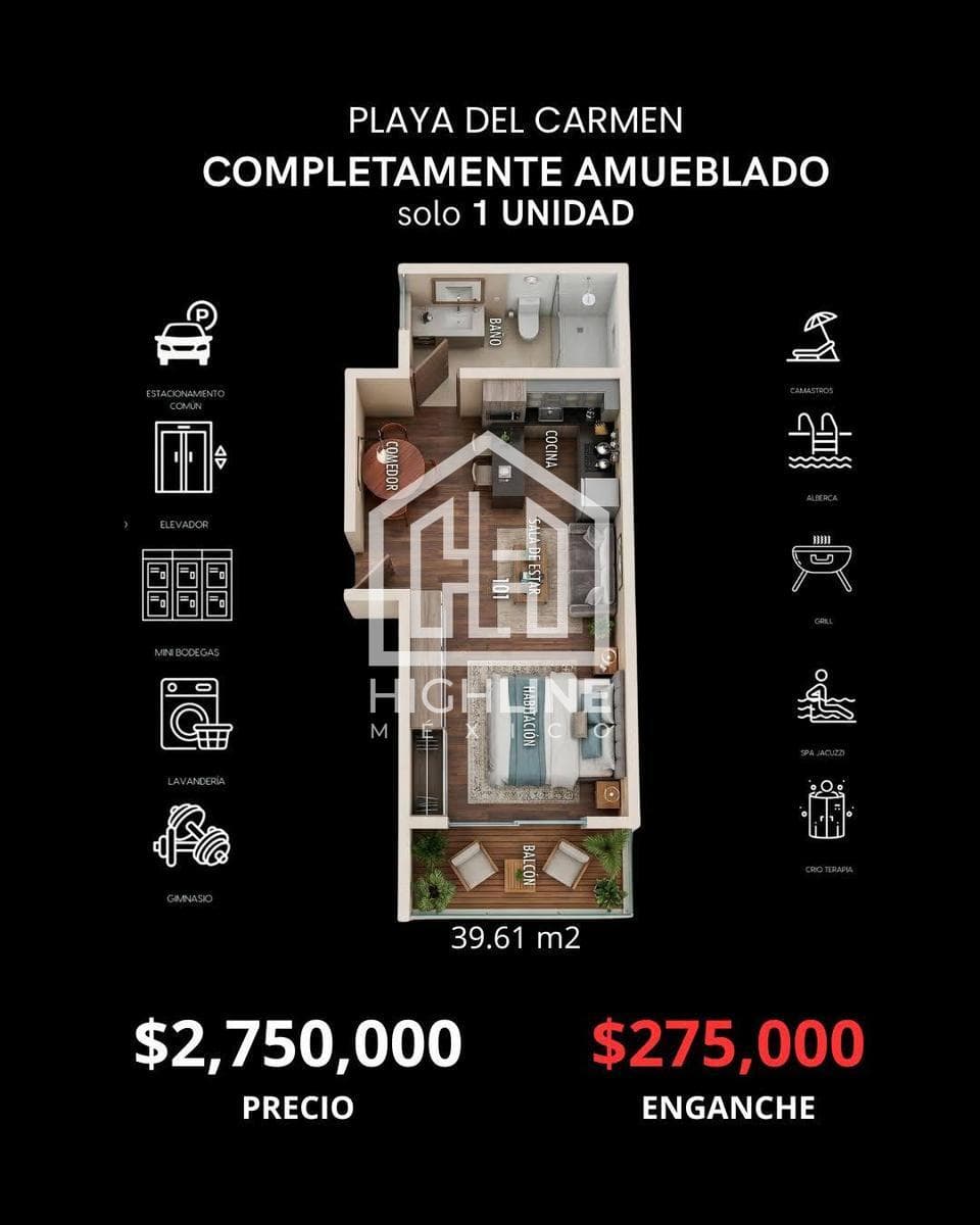 Furnished Studio Apartment for Sale in Playa del Carmen, Near 5th Avenue