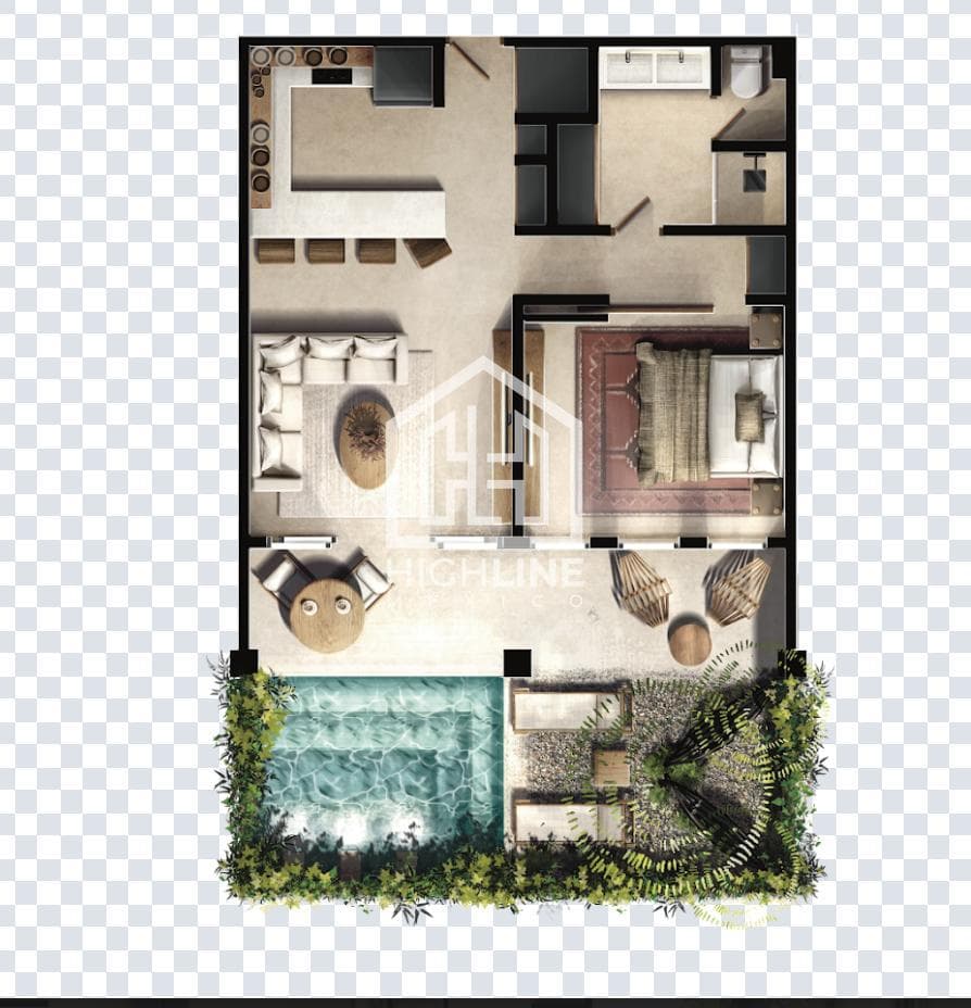 Apartment for sale in Tulum: 1 bedroom, private pool, coworking space, jacuzzi