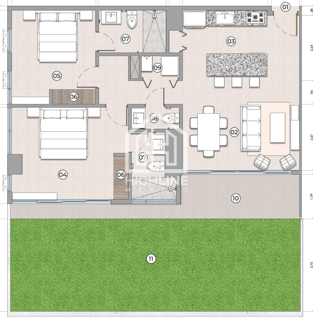 2-bedroom ground-floor apartment for sale, with a spacious garden, 13 minutes from the beach