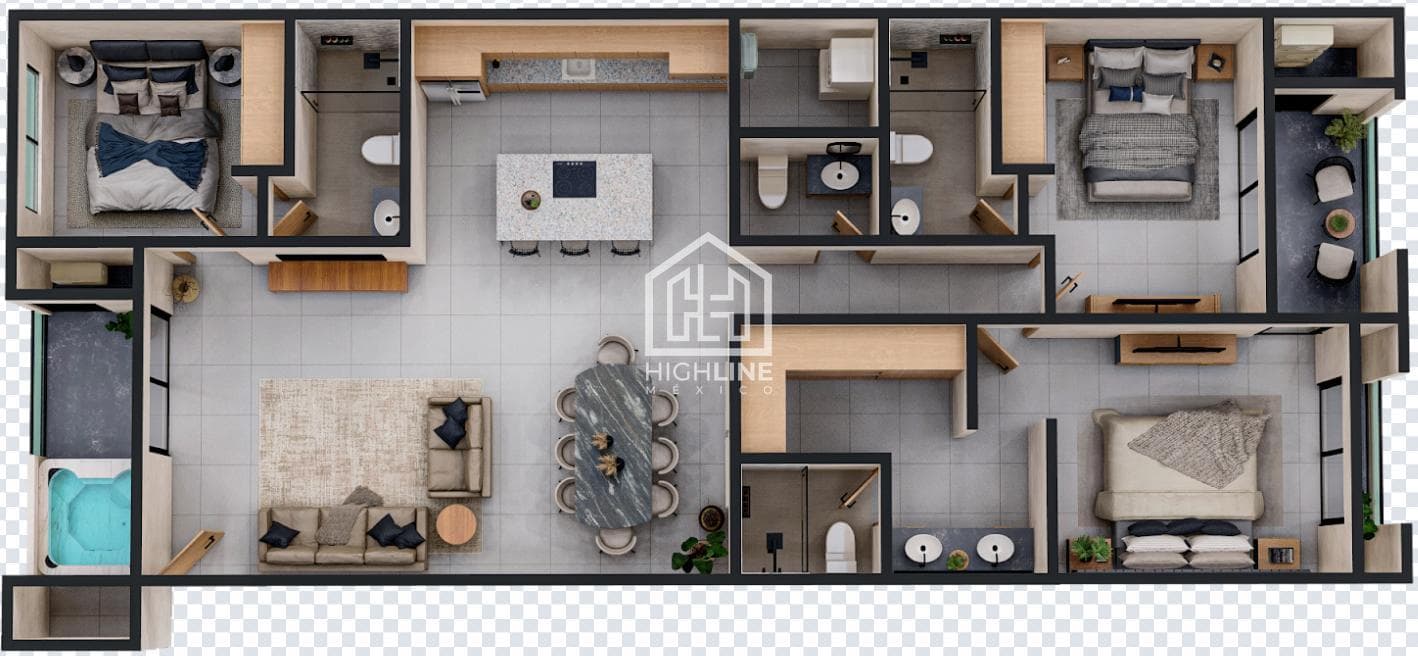 3-bedroom apartment for sale in Tulum with a hot tub and terrace, just 5 minutes from the ocean.