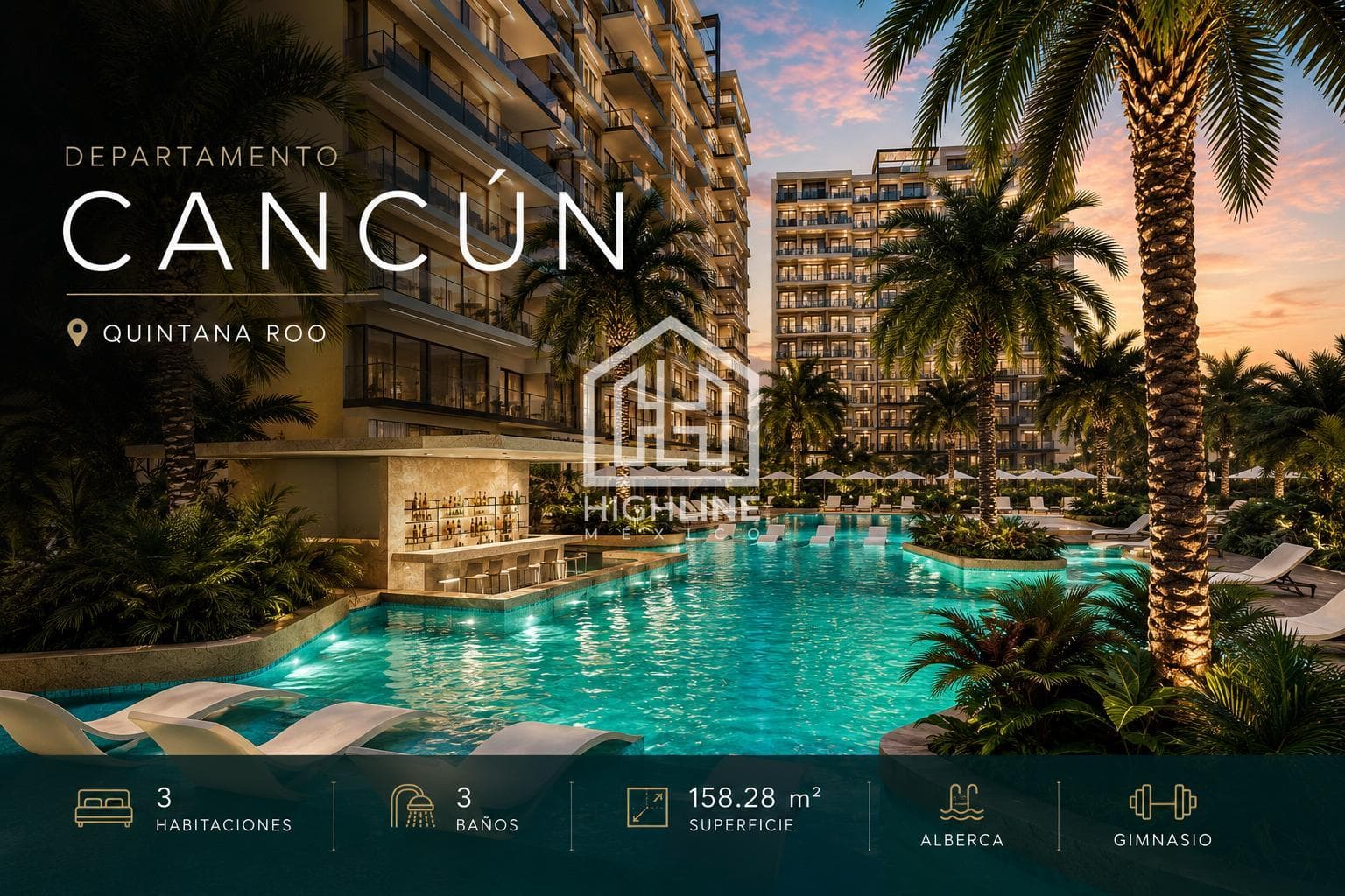 3-Bedroom Condo for Sale in Cancún with Sky Bar