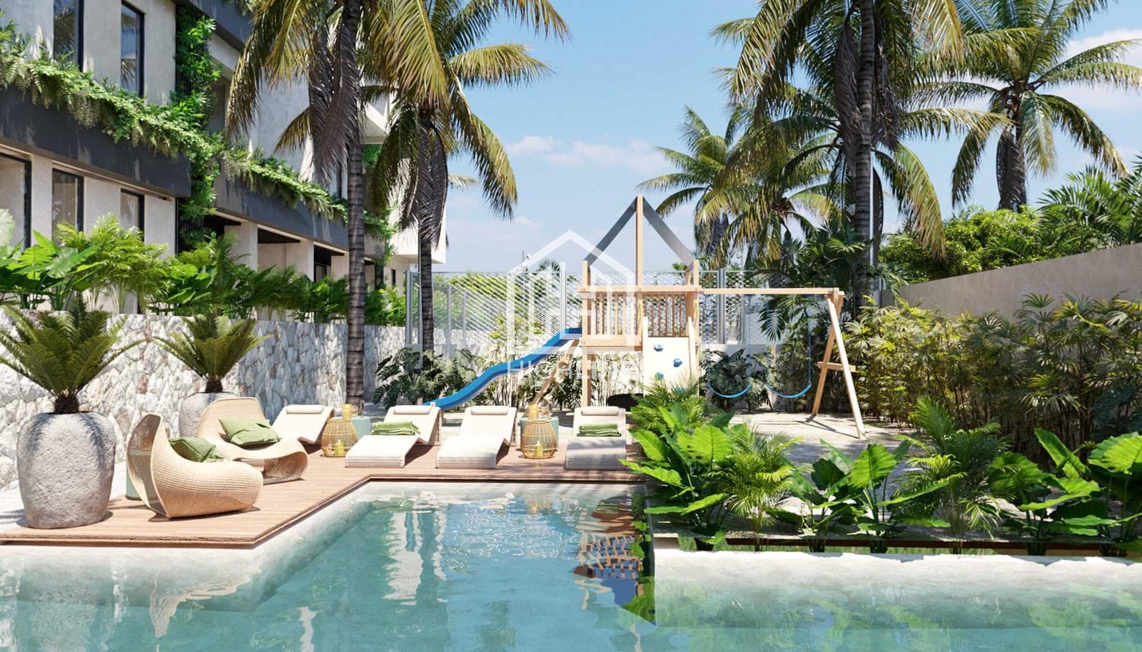 APARTMENT FOR SALE IN CANCUN: 2 BEDROOMS WITH A PADDLE POOL, CHILDREN'S PLAYGROUND, AND ROOFTOP