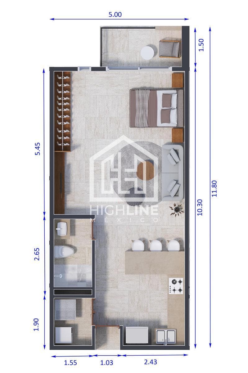 Studio apartment in Cancún, 15-year in-house financing, gym, infinity pool