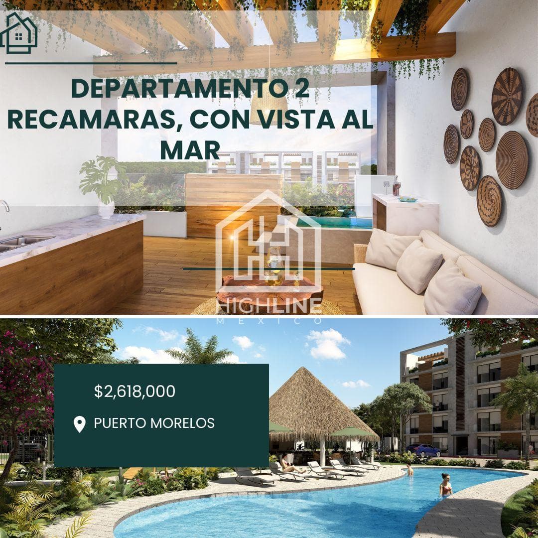 APARTMENT FOR SALE WITH OCEAN VIEW IN PUERTO MORELOS, 2 BEDROOMS, POOL, CAPITAL GAINS