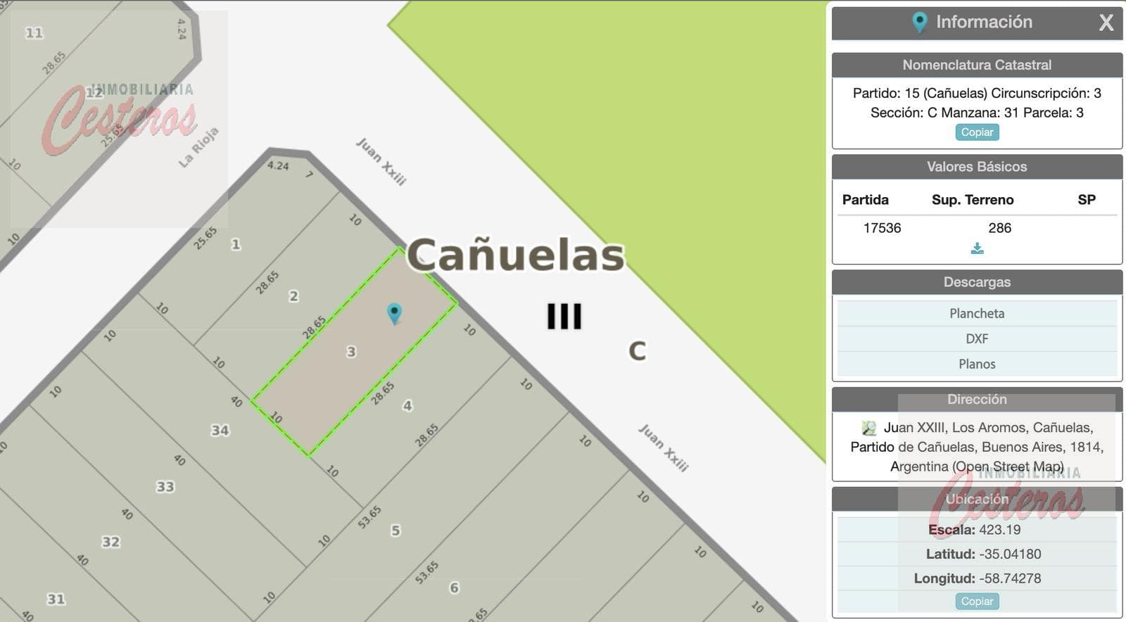 2 lots on Juan XXIII between La Rioja and Entre Ríos.