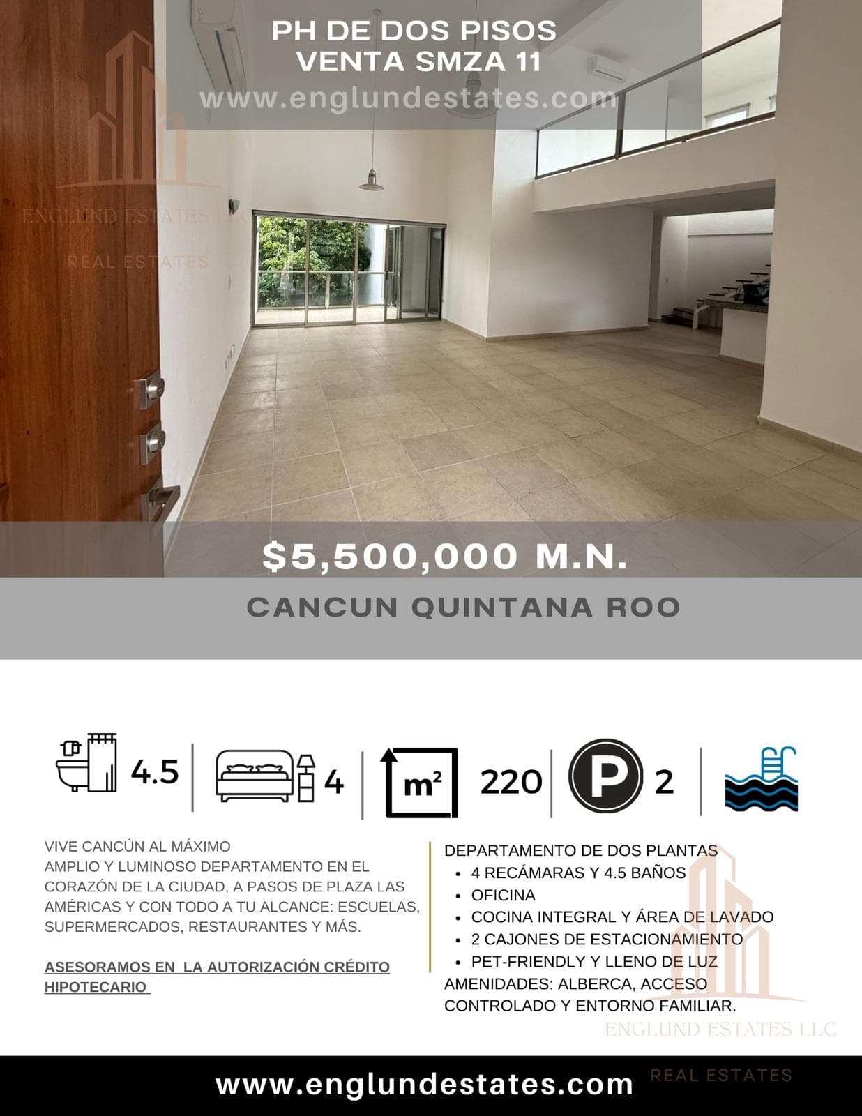 Two-story penthouse with 4 bedrooms, plus a studio and 4.5 bathrooms, near Plaza Las Américas