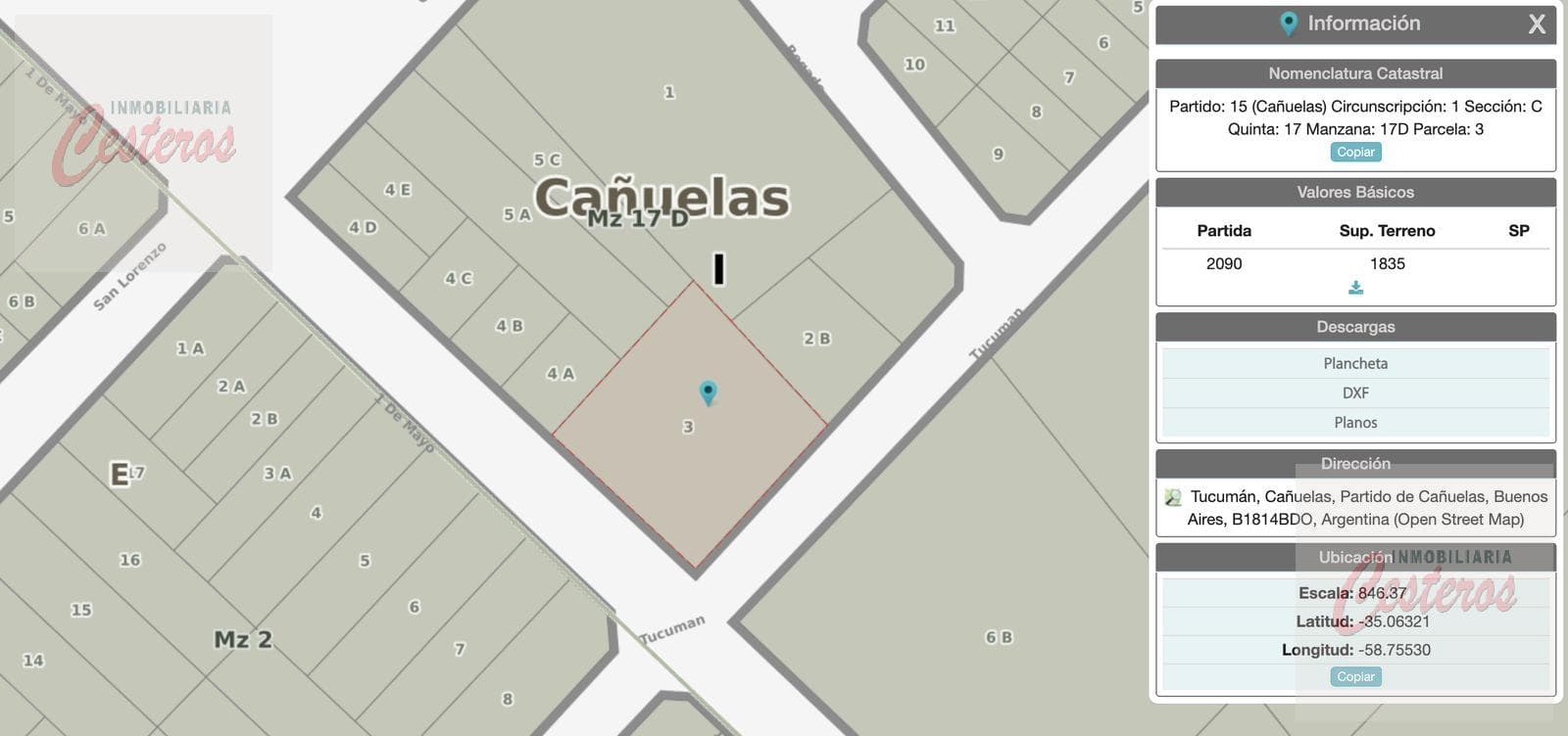 1,835 m² lot, suitable for subdivision for an investment project at the corner of 1ro de Mayo and Tucumán, Cañuelas.