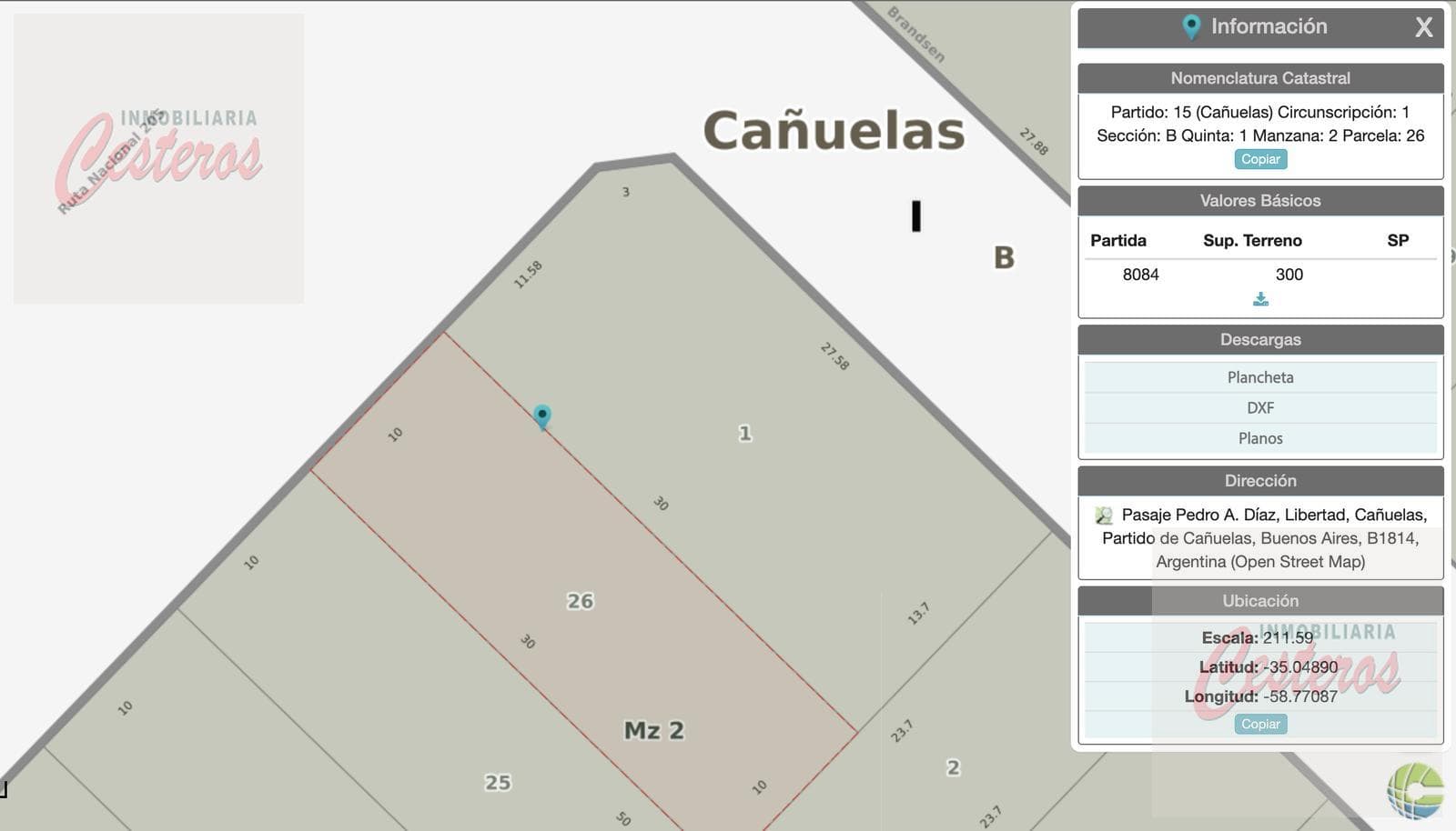2 lots on Pasaje Padre Diaz and Brandsen, at the entrance to Cañuelas.