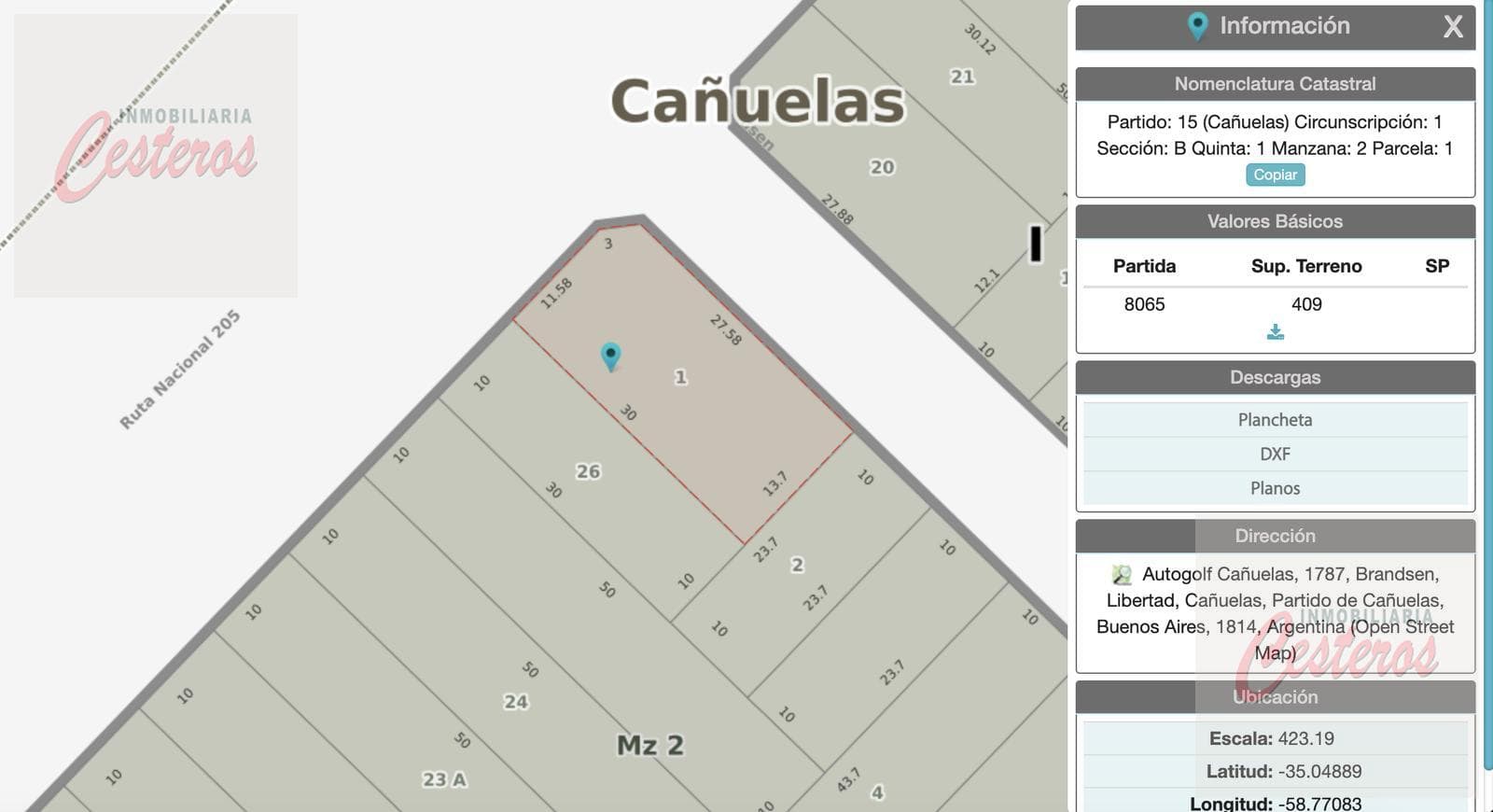 2 lots on Pasaje Padre Diaz and Brandsen, at the entrance to Cañuelas.