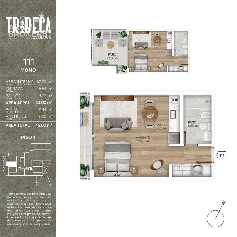 Studio apartment with a patio for sale in Cordón Sur - 111