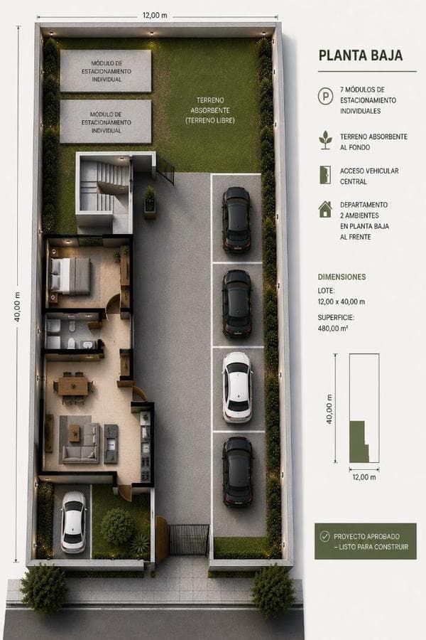 Lot in the Hurlingham area with approved plans for a 7-unit apartment building