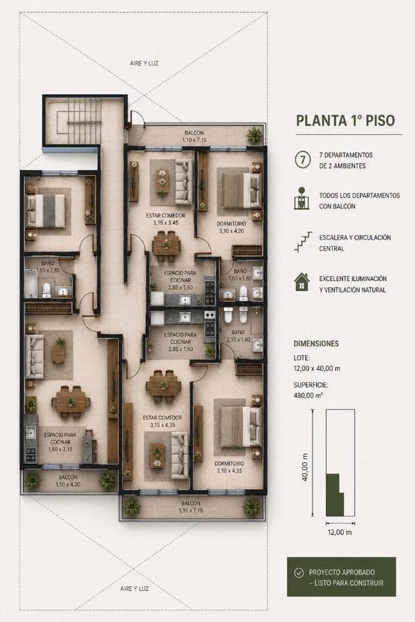 Lot in the Hurlingham area with approved plans for a 7-unit apartment building