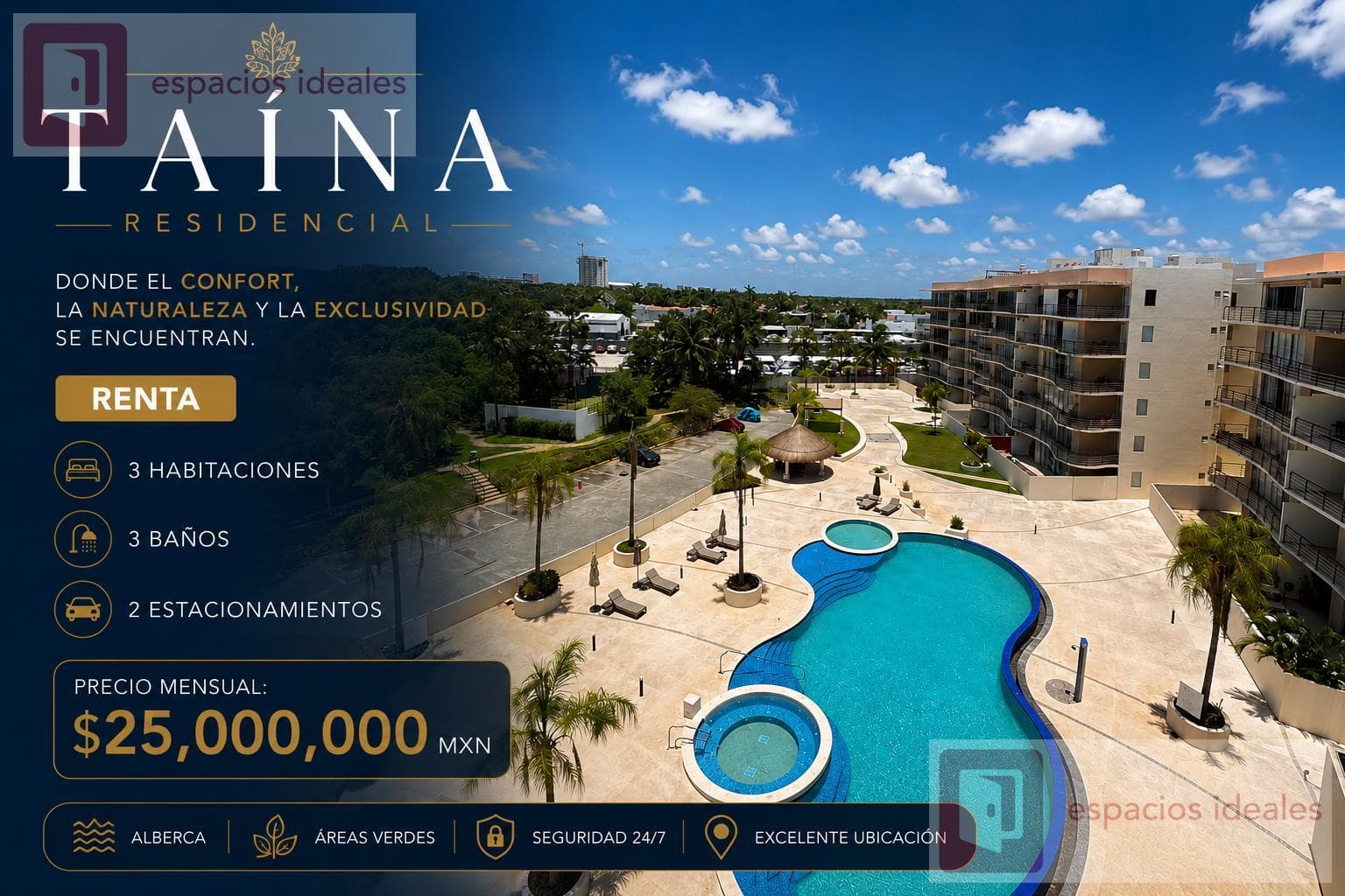 Apartment for Rent in Taina by Cumbres: 3 Bedrooms with Private Rooftop Garden in Cancún