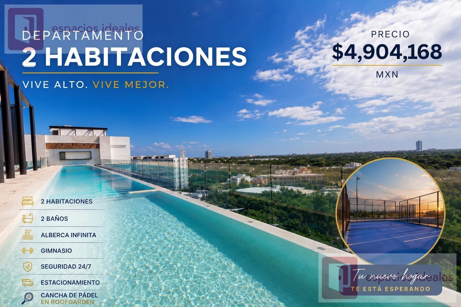 2-Bedroom Apartment for Sale in Cancún, with a Rooftop Garden Featuring a Padel Court and an Infinity Pool