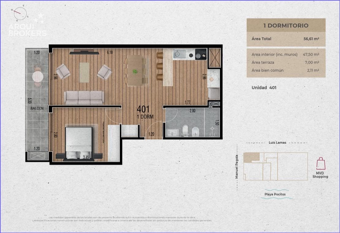 One-bedroom apartment for sale in Pocitos - 901