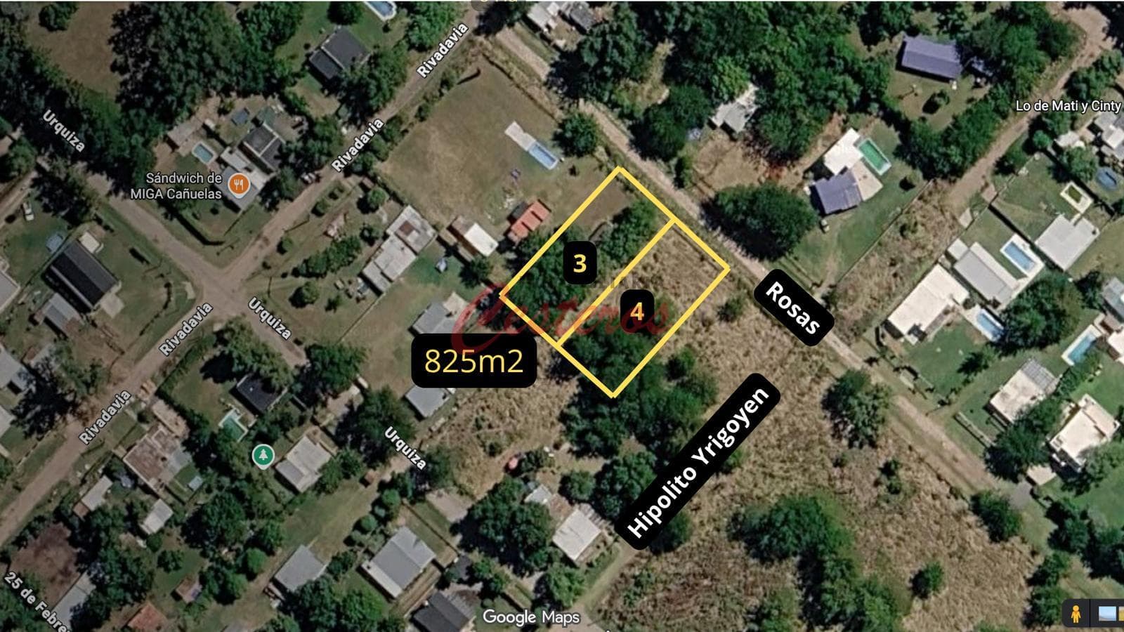 825 m² lot on Rosas Street, near the corner of Rivadavia — Villa Adriana — Cañuelas