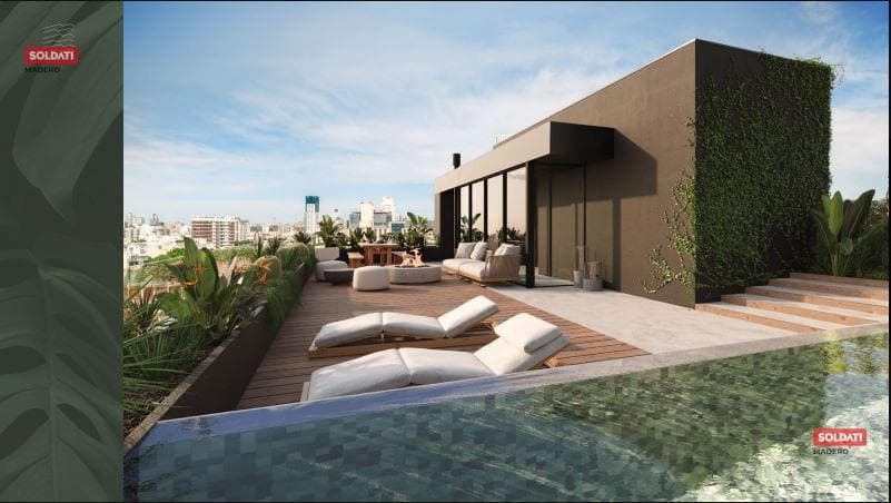 2-room apartment for sale with a large living/dining room opening onto a continuous balcony—Palermo Hollywood