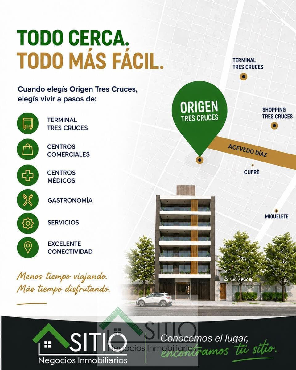 Venta de apartamento de 1 dormitorio a pasos de Tres Cruces