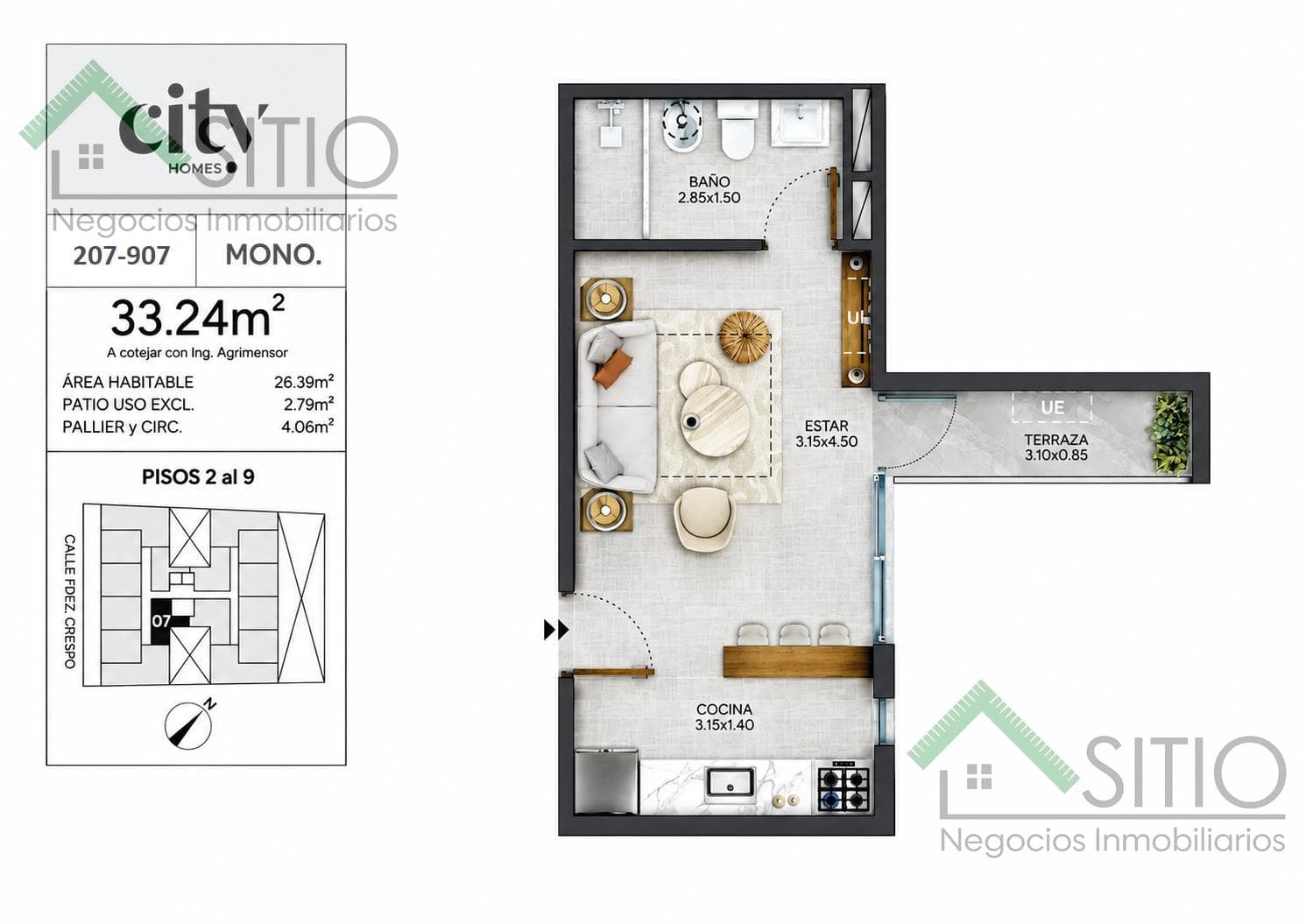 Venta monoambiente con terraza-balcón en Cordón